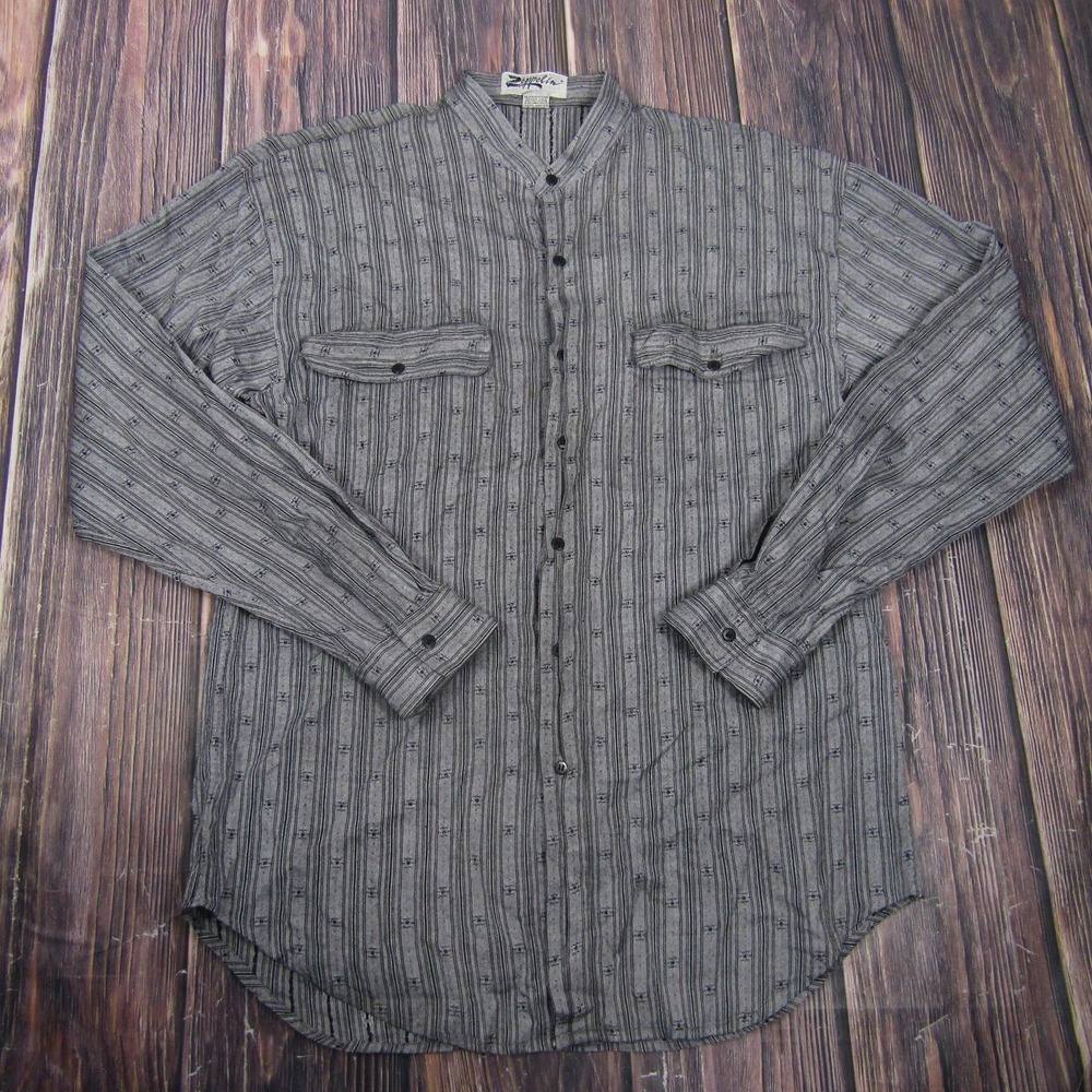 Zeppelini‎ Shirt Mens 2XLT Gray Striped Long Sleeve Button Up Stand-Up Collar